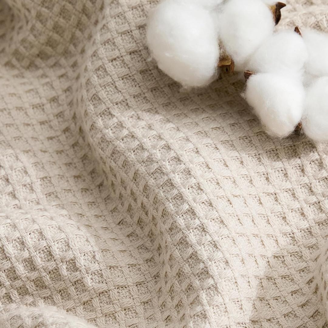 Bedsure GentleSoft 100% Cotton Blanket Queen Size for Bed - Breathable Lightweight and Soft for Summer, Basket Waffle Weave Woven Blankets, Home Decor Gift for Women, Beige, 90x90 inches