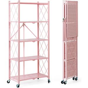 BRIAN & DANY 5-Tier Foldable Storage Shelves with Wheels, Folding Metal Rack Shelving Unit, Heavy Duty No Assembly Organizer Shelf for Garage, Kitchen, Basement, Pantry, Pink