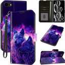 foiPhone 16e Case Walle with Card Holder Slots & Wrist Strap & Kickstand Flip Folio Leather Magnetic Protective Shockproof Rugged Heavy Duty Cover,Blue Purple Wolf