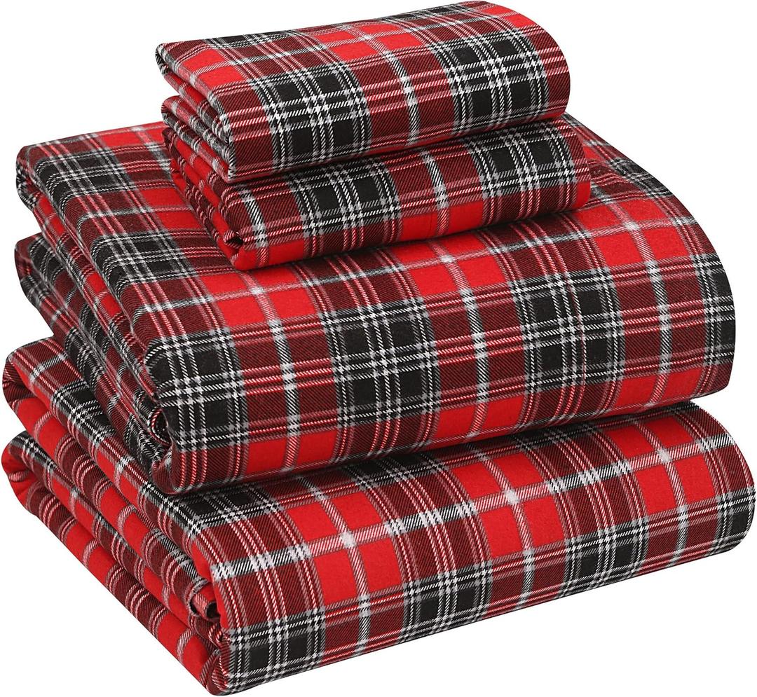 RUVANTI Flannel Sheets Twin Size  100% Cotton Double Brushed Twin Sheets Set, Deep Pockets 16 Inches, All Seasons Breathable & Extra Soft Bed Sheets, Warm & Cozy, 3 Piece, Red Plaid