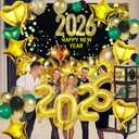 2026 Novel Happy New Year Eve Party Decorations Set with Happy New Year Backdrop, Black and Gold Confetti Balloons, Clear Balloon Box, Gold Party Confetti Pack & Heart Star 2026 Number Foil Balloons