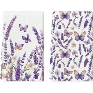 Artoid Mode Butterfly Lavender Spring Kitchen Towels Dish Towels, 18x26 Inch Farmhouse Summer Decoration Cleaning Set of 2