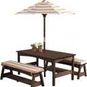 KidKraft Outdoor Wooden Table & Bench Set with Cushions and Umbrella, Kids Backyard Furniture, Espresso with Oatmeal and White Stripe Fabric