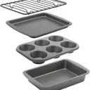 GoodCook 4-Piece Nonstick Steel Toaster Oven Set with Sheet Pan, Rack, Cake Pan, and Muffin Pan, Gray, 4-Piece Set Distributes Heat Evenly, Nonstick Coating, Dishwasher-Safe