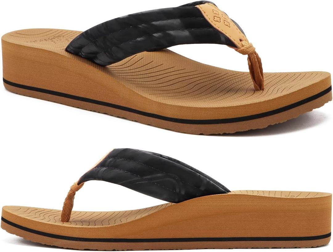 COFACE Womens Flip Flops with Arch Support Ladies Fashion Lightweight Wedge Flip Flops Comfortable Yoga Mat Sole Summer Platform Thong Sandals (11, Black Tan)