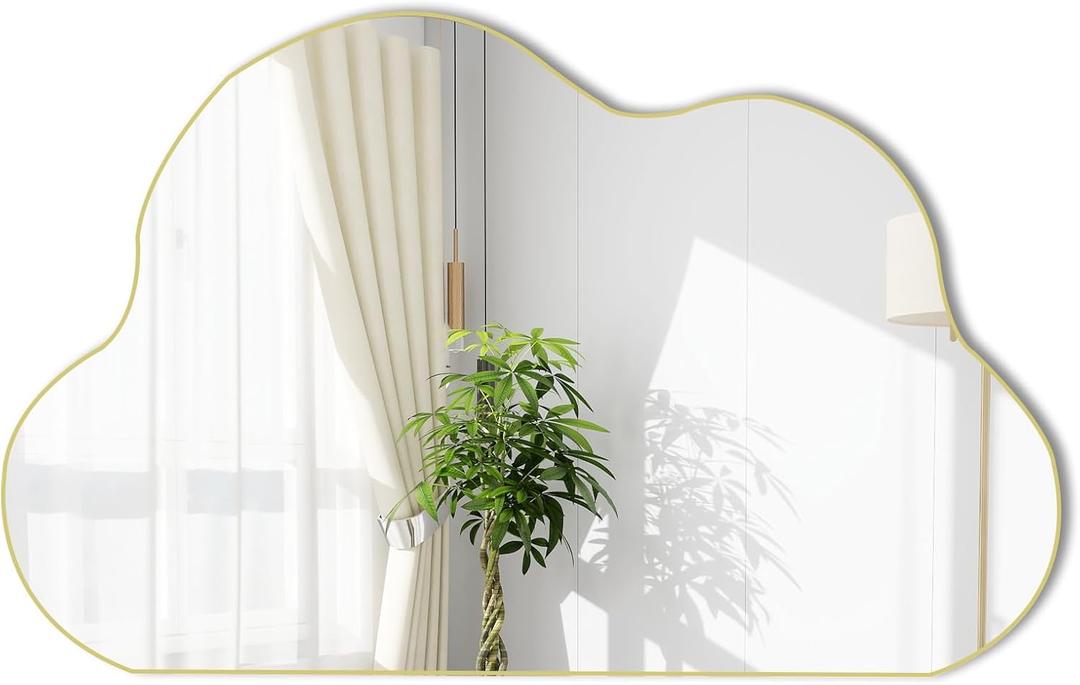 POZINO Gold Irregular Mirror, 33.5"x20.5" Cloud Shaped Mirrors, Unique Asymmetrical Wall Mirror, Organic Abstract Funky Mirrors for Living Room Bathroom Bedroom Entryway (20.5"L x 33.5"W, Gold Cloud Type B)