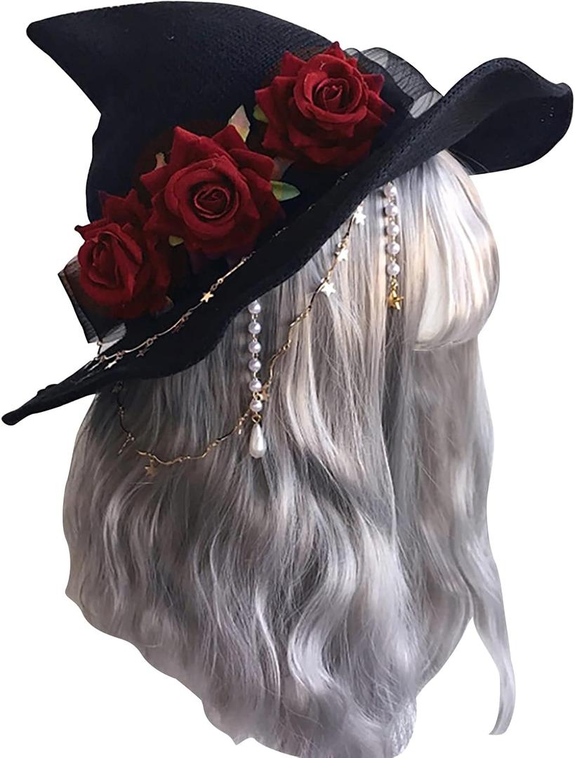 Halloween Witch Hat Head Ornament Headwear with Rose Big Bow Decoration Hat Cosplay Party Props (Colorc)