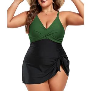 MFAVIP Women Plus Size Swim Dress Tummy Control One Piece Swimsuit V Neck Wrap Full Coverage Bathing Suit Cute Tie Knot, 3XL