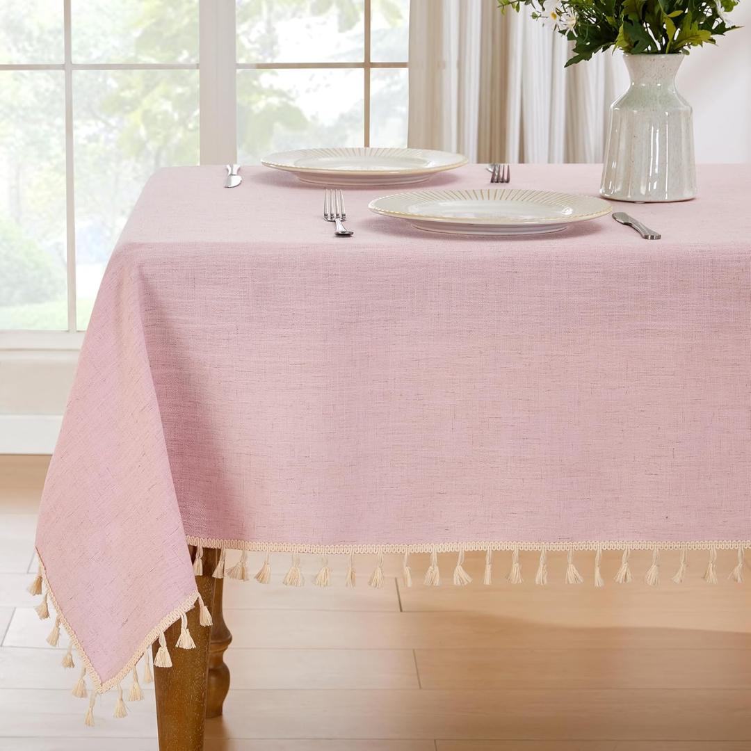 JIALE Valentines Textured Tablecloth, Heavy Duty Linen Style Farmhouse Table Cloth Rectangle Tables, Wrinkle-Free Washable Waterproof Table Cover for Kitchen, Dining, Parties, 55"x75", Pink