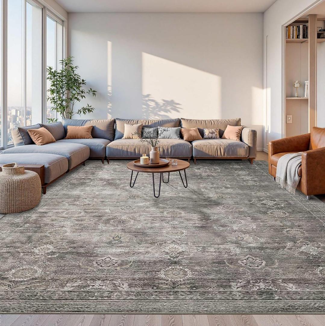 Rugxara 9x12 Area Rugs for Living Room Bedroom, Large Washable Rug, Grey Vintage Retro Boho Rug, Non Slip & Low Pile Faux Wool Thin Carpet for Indoor Dining Room and Kids Room(Taupe/Grey 9x12ft)