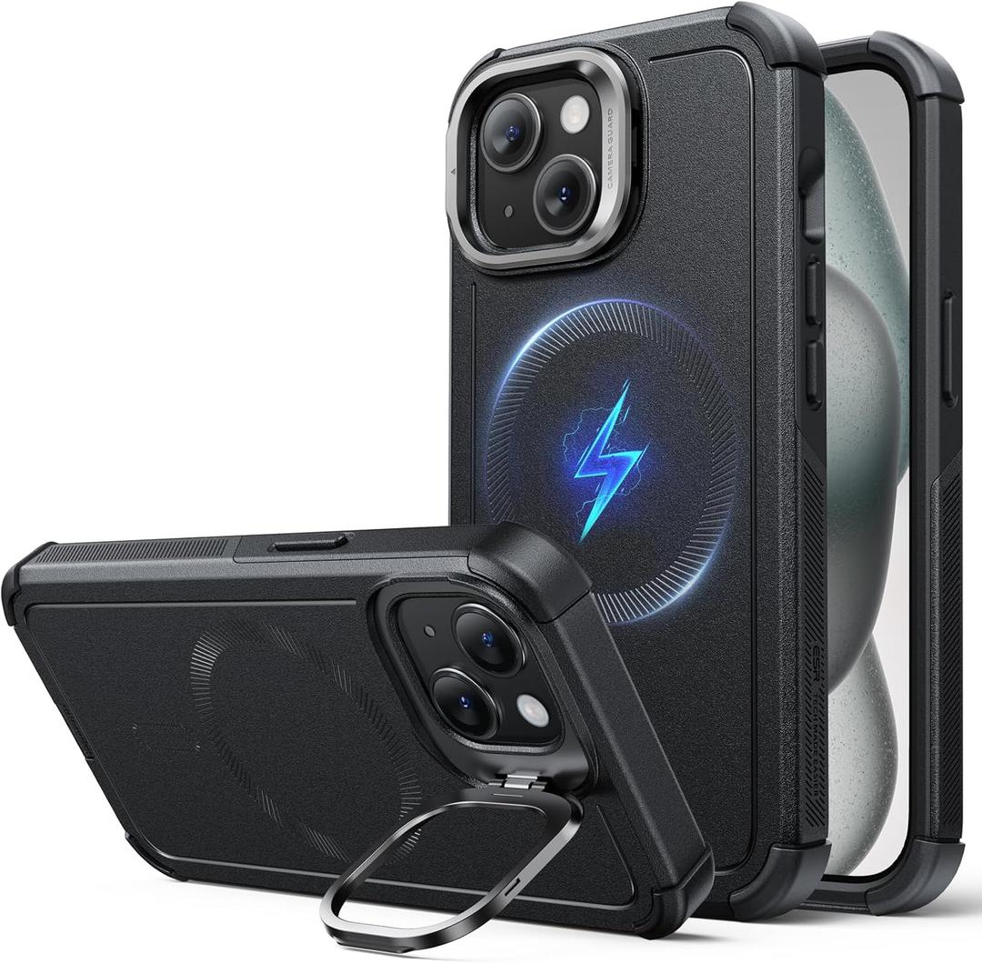ESR for iPhone 15 Phone Case with Stand, 23ft Military-Grade Drop Protection Heavy Duty Magnetic Phone Case, Compatible with MagSafe Accessories, Cyber Series, Black