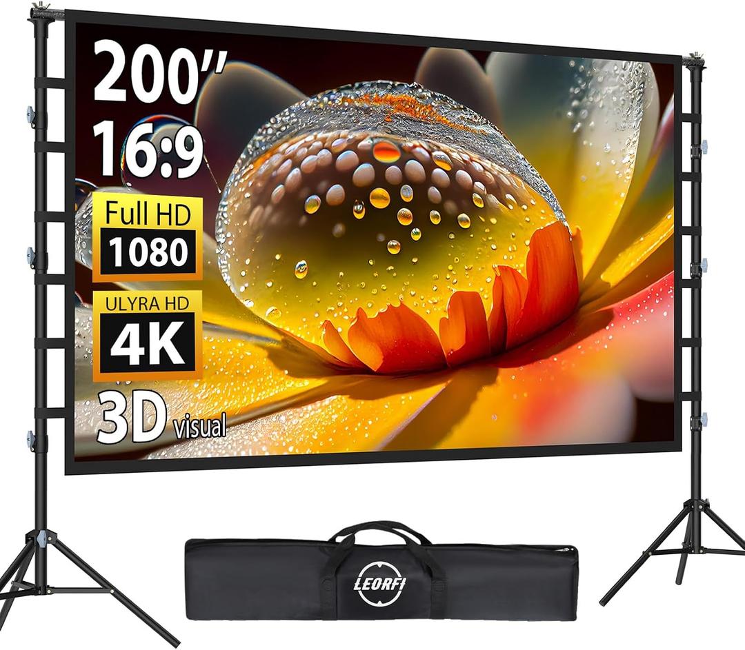 200 Inch Outdoor Projector Screen with Stand: LEORFI Large Projection Screen with Adjustable Tripod, Front & Rear Projection Wrinkle-Free Movie Screen with Transport Bag for Backyard Movie Night