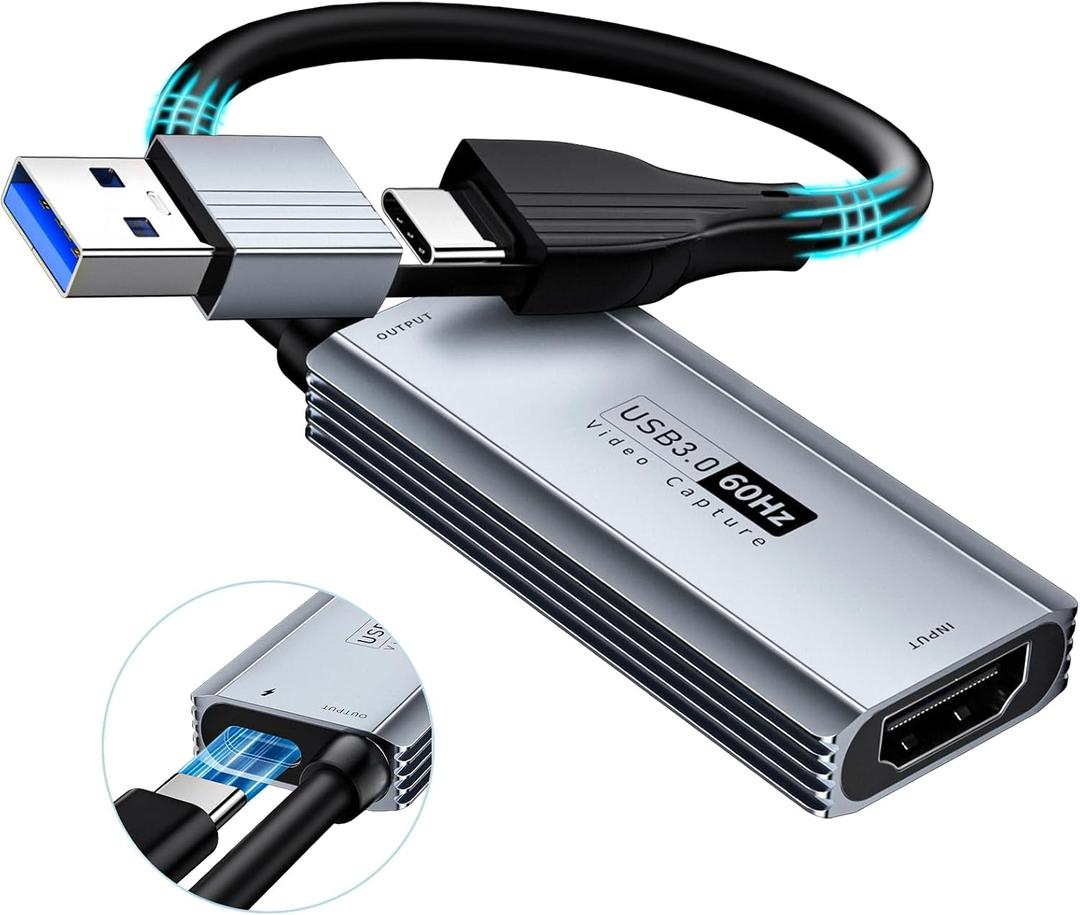 USB 3.0 Video Capture Card with 100W PD - HDMI to USB/USB-C Capture Card 1440P 30fps & 1080P 60fps Video Capture Device for Streaming, Game Recording, Compatible for Quest 3, Switch, PS4/PS5