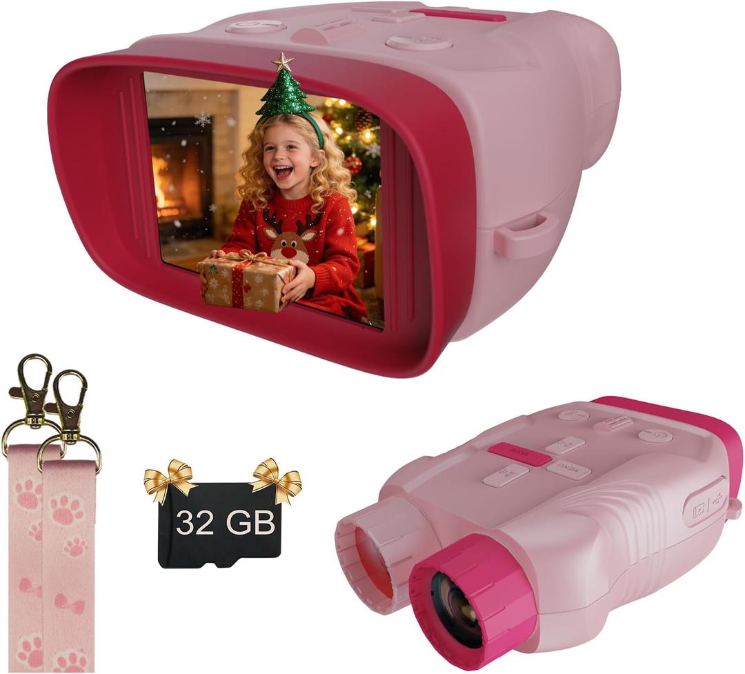 Kids Camera & Night Vision Goggles for Kids Boys and Girls, Christmas Birthday Gifts, Night Vision Binoculars with 32GB Memory Card(Pink)