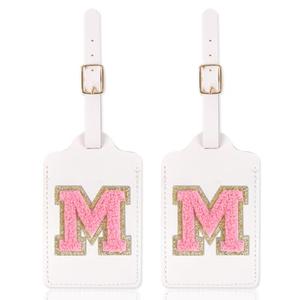 Personalized Initial Luggage Tags for Suitcases with Chenille Letter, Cute Leather Luggage Tag Monogrammed Tags for Baggage Bag Travel Gifts for Women Kids Teens(White_M) Pack of 3