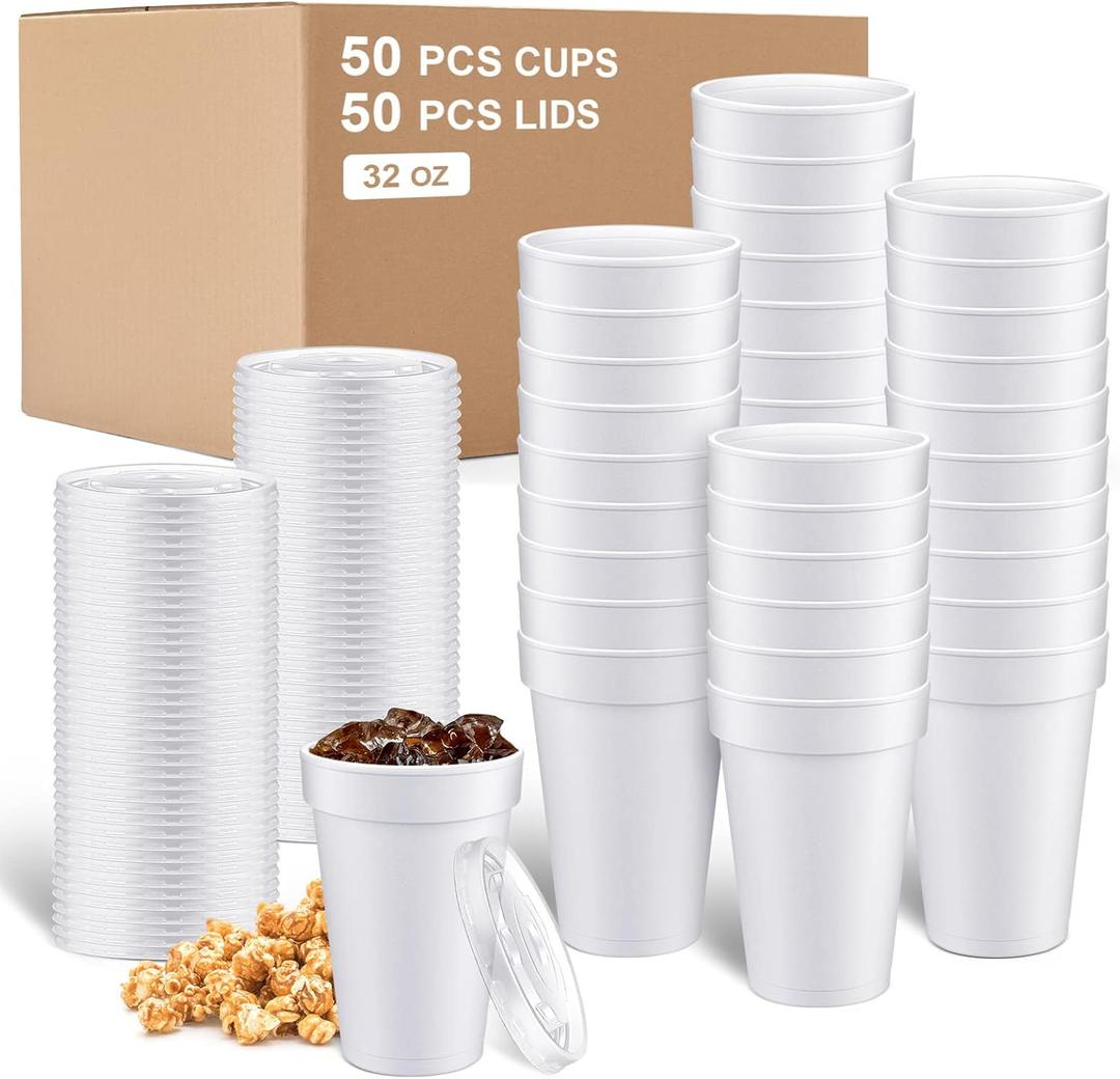Sabary 50 Pack 32 oz Insulated Foam Cups with Lids White Disposable Coffee Cups with Lids Insulated Beverage Disposable Cups for Coffee Tea Hot Cocoa Soup Soda Juice Hot Cold Drinks