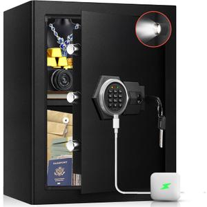 Fireproof Home Safe Box- Steel Digital Combination Lock Security Box with Type-C Backup & Sensor Light, Key Lock Safety Box for House Office Documents Money Jewelry Handgun - Black 3.2 Cu Ft