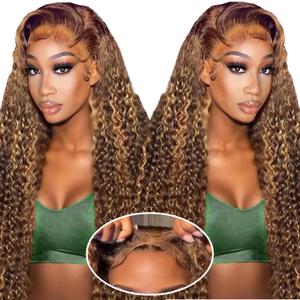 30inch Ombre Highlight Curly Lace Front Wig Human Hair 200% Density Highlight Deep Wave Wear and Go Glueless Wigs Human Hair Pre Plucked Pre Cut 7x5 Hd Curly Highlighted Wig Human Hair for Women (dark brown and blonde)