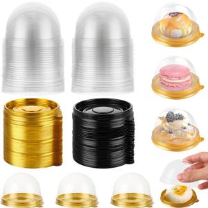 200 Pcs Mini Cake Containers, Clear Plastic Cupcakes Containers Muffin Mooncake Holder, Mini Cupcake Boxes with Dome Lid for Cheese Pastry Dessert Mooncake (100 Gold,100 Black)
