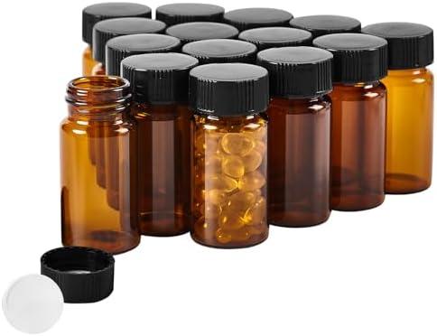 QOAEZK 15 PCS 20ML Amber Small Liquid Sample Glass Vials with Screw Caps,27.5x57mm 5DramLeak-Proof Vial, 24-400 Black Screw Cap with PE Liners for Lab, Essential Oil, Perfume, Reagents