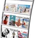 LIWSHWZ Magazine Rack Floor Standing,Brochure Display Stand, 4 Pockets Metal Literature Stand,Newspaper Rack with Wheels for Trade Show Exhibitions Office Retail Store