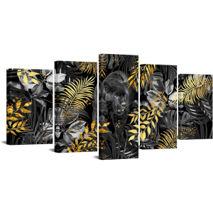 sechars 5 Pieces Black and White Animal Panther Canvas Wall Art Modern Cheetah with Blue Eyes Pictures Wildlife Painting Artwork Framed for Living Room Bedroom Office Decor Ready to Hang (Medium)