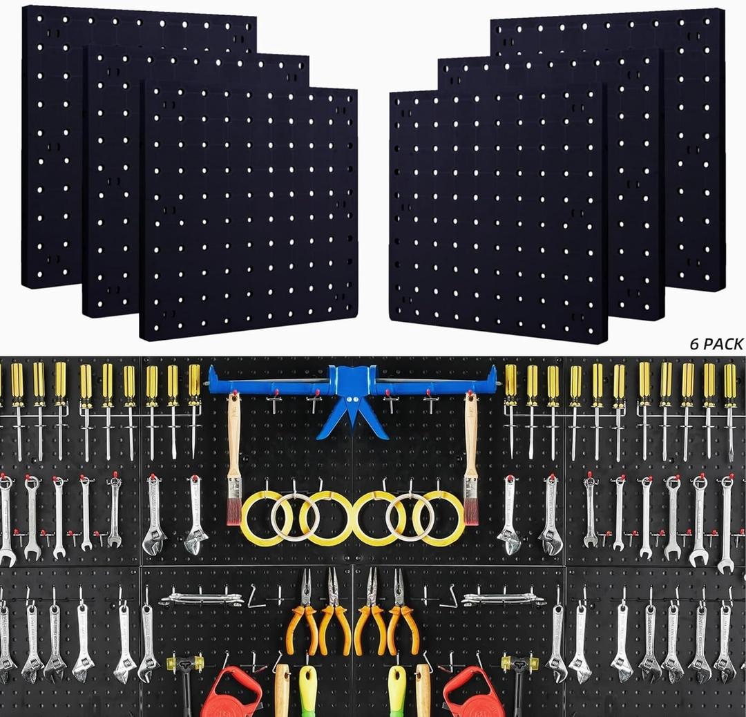 Peg Board Wall Organizer Panels - 6Pcs Black ABS Pegboard Wall Mount for Home, Craft Room, Garage, Kitchen, Workshop, Tool Organization, 10*10in (No Hooks and Bins)