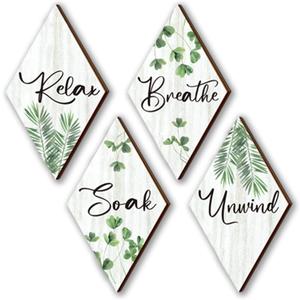4 Pcs Green Wall Decor Farmhouse Bathroom Decors Relax Soak Unwind Breathe Wooden Sign Hanging Wall Art Green Accessories for Bedroom Living Room Office Vintage Decorations(12x7)