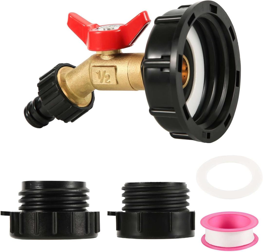 IBC Tote Adapter, 2 Sizes 275-330 Gallon IBC Bag Tank Fittings 1/2in Solid Brass Water Shut-Off Valve Faucet 2.44in Fine Thread & 2.36in Coarse Thread Bag Valve for Garden Hose Connector Adapter