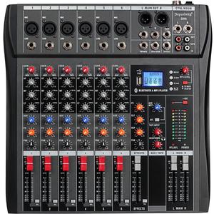 Depusheng DX6 Professional Mixer Sound Board Console 6 Channel Desk System Interface Digital USB MP3 Input 48V Phantom Power Stereo DJ Studio FX Steel Chassis,Black Bluetooth USB Audio Mixer for PC