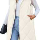 MEROKEETY Womens Sleeveless Quilted Long Puffer Vest Hooded Full Zip Jacket Coats with Pockets (Beige)