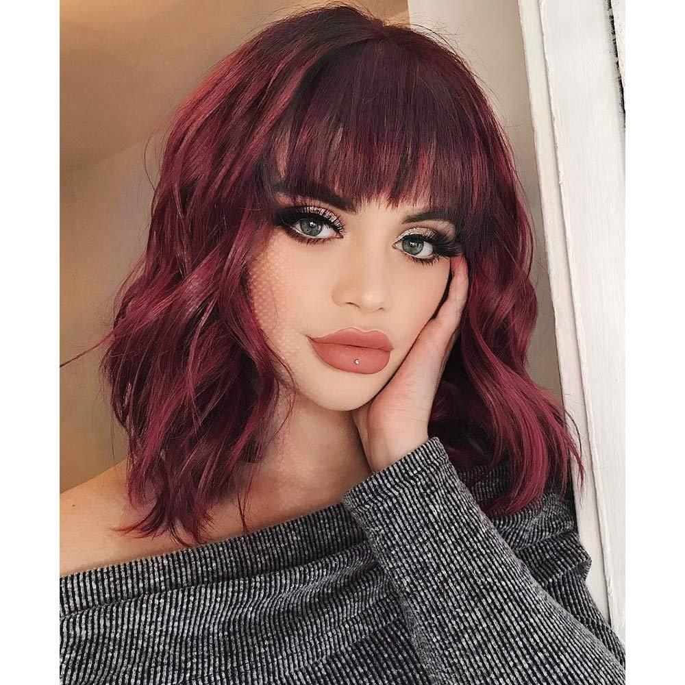Short Bob Wig with Bangs for Women Red Wigs Synthetic Curly Wavy Hair Wigs Natural Looking Heat Resistant Fiber Hair for Women