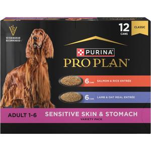 Purina Pro Plan Sensitive Skin and Stomach Wet Dog Food, Salmon and Rice and Lamb and Oat Meal Variety Pack - (Pack of 12) 13 oz. Cans (EXP 01/31/28)