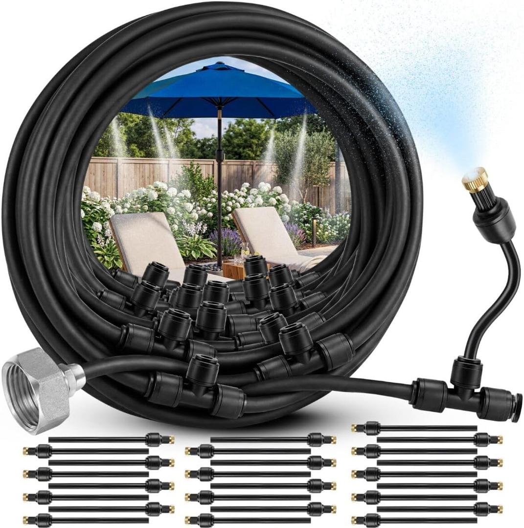Misters for Outside Patio with Flexible Rod Nozzles, 75 ft, Black