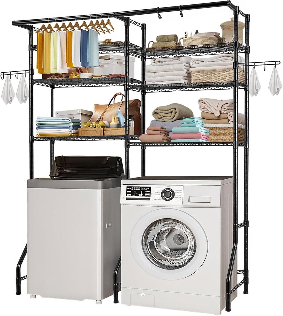 VEVOR Over Washer and Dryer Storage Shelves, 6 Tiers Laundry Room Drying Rack with Hanger Rod and Hooks, Two Rows Adjustable Washer Shelves Space Saver, for Laundry Room Storage & Organization, Black