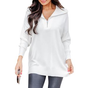 Blooming Jelly Women's Sweater Long Sleeve Quarter Zip Pullover Casual Loose Fit Cable Knit Tops (White, XL)