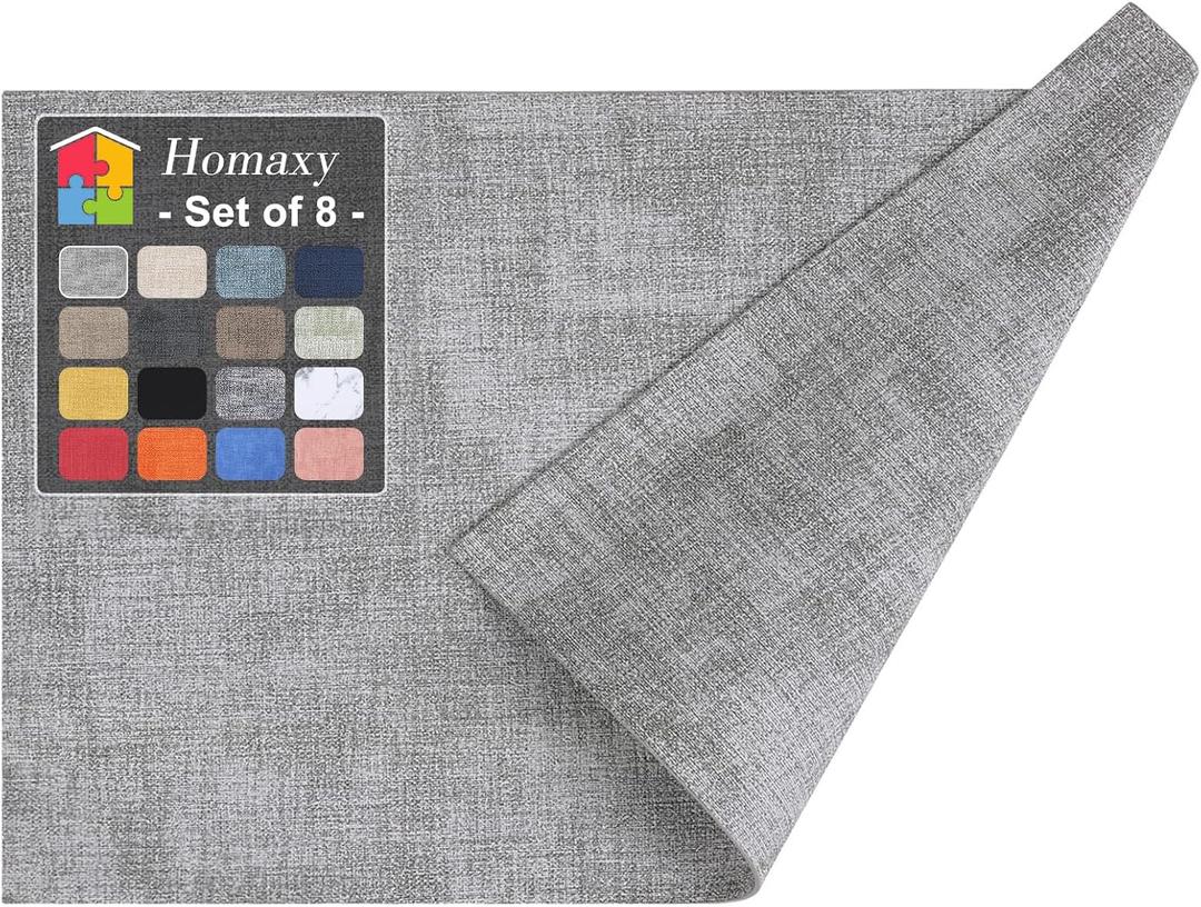 Homaxy Faux Leather Heat Resistant Placemats for Dining Table Set of 8, Waterproof Wipeable Washable PU Table Mats, Easy to Clean Anti-Slip Place Mats, 11.8" x 17", Light Grey