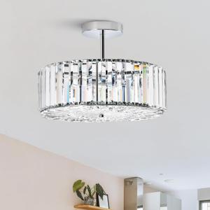 VONLUCE Crystal Light Fixture, Modern Semi Flush Mount Ceiling Light, 15" Round 4-Light Crystal Chandelier Hallway Lighting for Kitchen Bedroom Living Room Dining Room Entryway Closet, Nickel