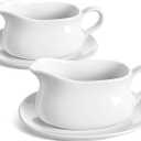 LE TAUCI 17oz Gravy Boat with Saucer Stand, Set of 2, Ceramic Sauce Boat with Tray for Salad Dressings, Creamer, Broth, Black Pepper, White