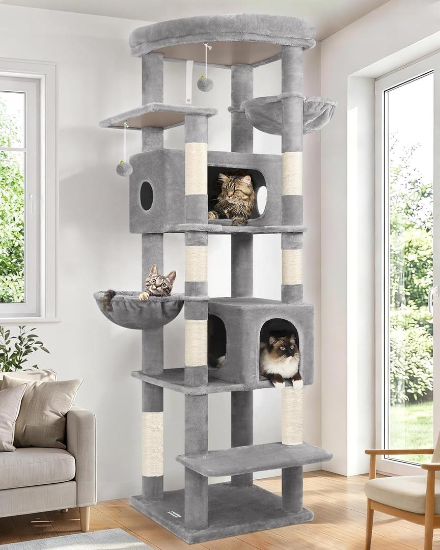 Globlazer Heavy Duty Cat Tree, 74in Sturdy Cat Tower for Large Cats Adult, Big Cat Tree with 7 Sisal Scratching Posts, 2 Padded Condos, 2 Dual-Ear Hanging Baskets, Enlarged Top Perch, S74, Light Grey