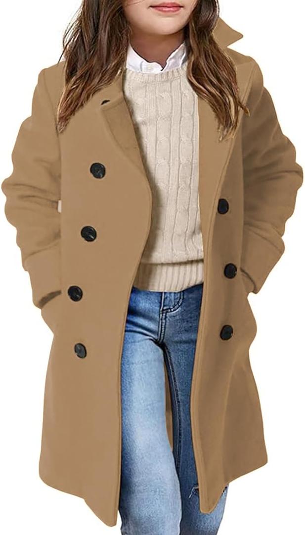 Girls Coat Double Breasted Notched Collar Wool Blend Long Trench Coat Winter Warm Peacoat Dress Coat with Pockets (3-4T, Khaki)