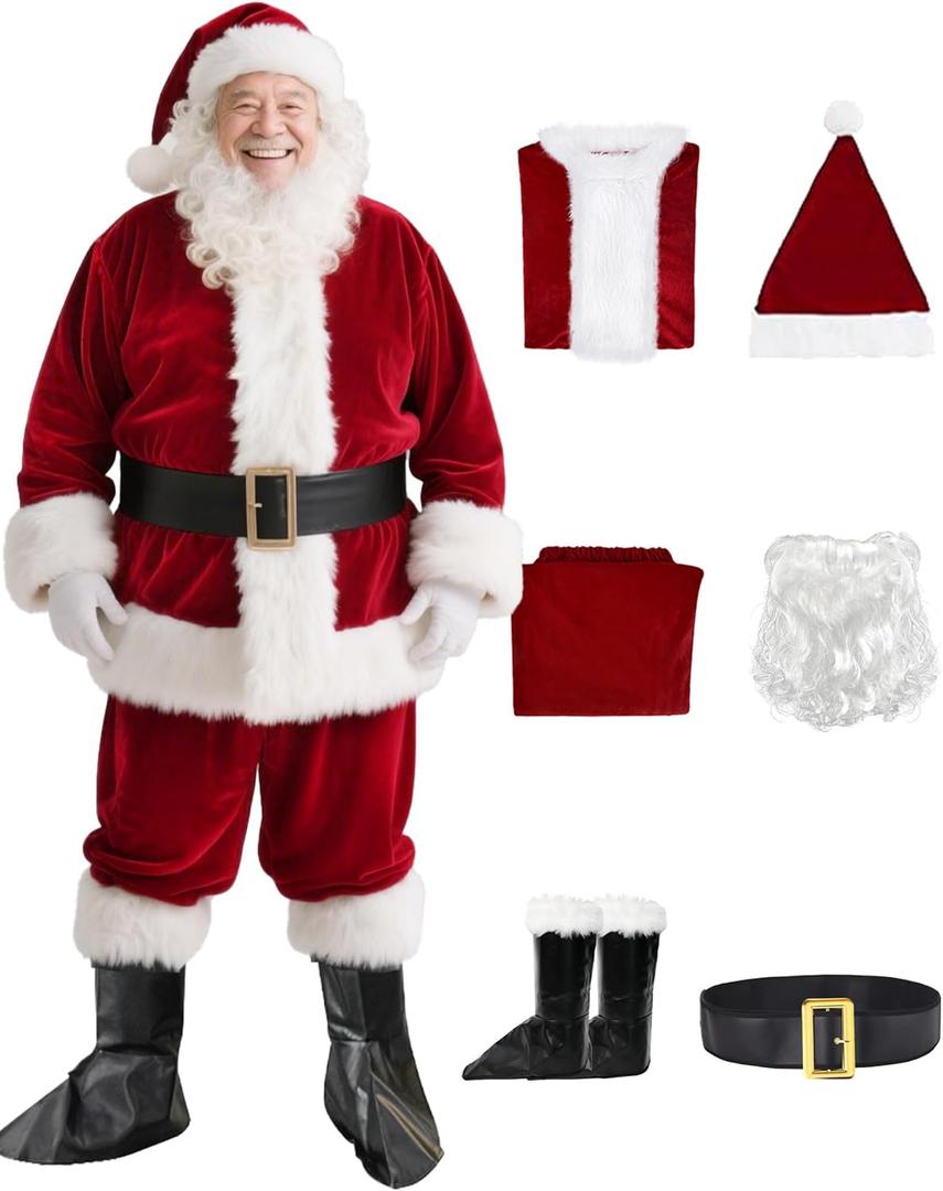 Santa Claus Costume for Men Adult - Deluxe 9pc Santa Suit, Velvet Santa Outfit Set for Holiday Parties & Festive Events (Crimson-6pcs)
