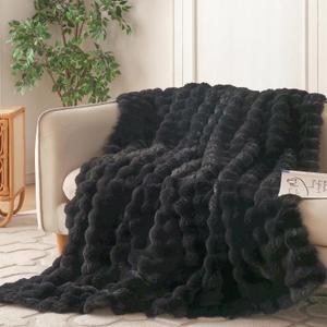 COOVA Faux Fur Throw Blanket for Couch, Cozy Soft and Fuzzy Plush Rabbit Fur Bubble Blanket for Sofa Bedroom Living Room, 50x60 Inches Black