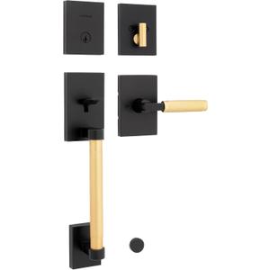 Kwikset Prava Front Door Lock Handle and Deadbolt Set, Entry Handleset Exterior with Interior Reversible Lever, Matte Black and Satin Brass, Pick Resistant SmartKey Deadbolt, with Microban Protection