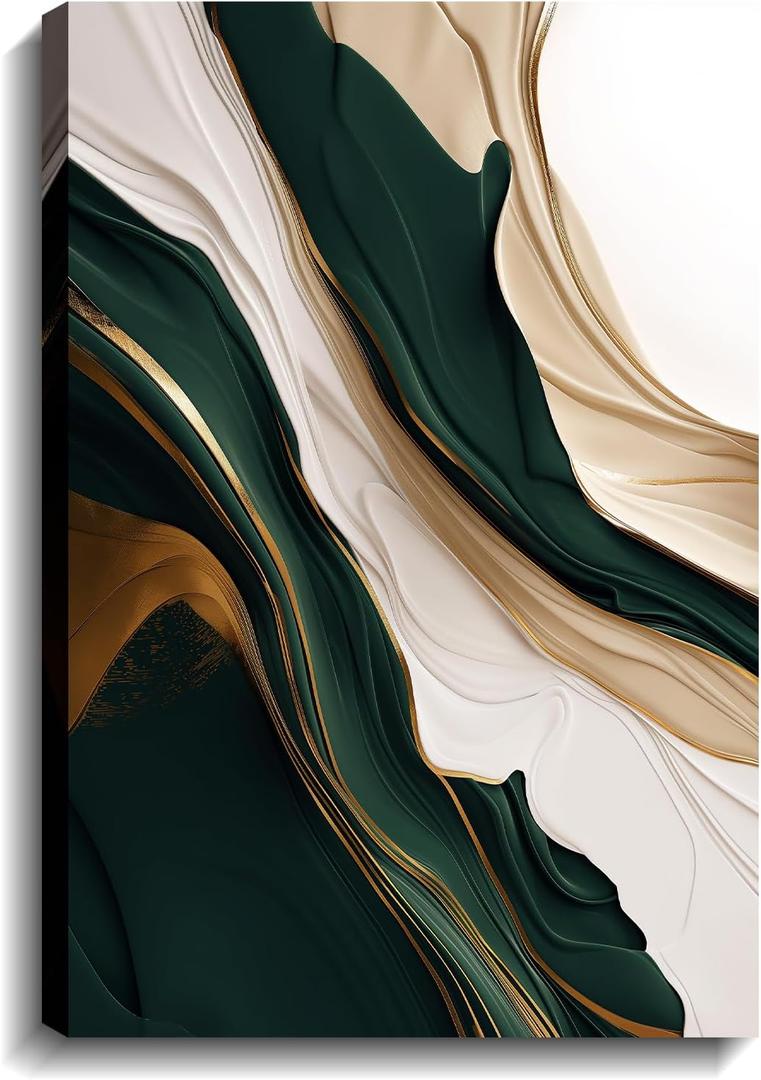 Emerald Green Wall Art Abstract Wall Decor Framed Beige and Gold Texture Picture Modern Posters Abstract Canvas Prints for Living Room Bedroom Home Office Ready to Hang - 16.00"x24.00"
