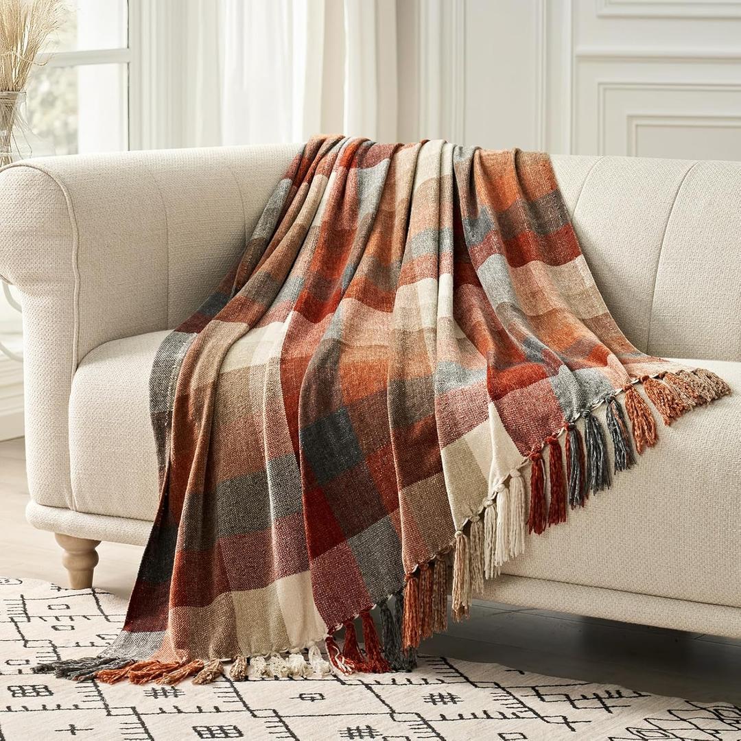 EVERGRACE Plaid Chenille Throw Blanket for Couch, Super Soft Cozy Decorative Fall Throw Blanket with Tassels for Bed Sofa Gift, Lightweight Harvest Plaid Throw Blanket for Autumn 50x60