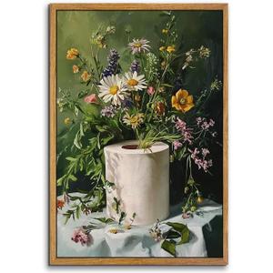 AtterrirArt Framed Funny Bathroom Wall Art, 16 * 24 Inches, Toilet Paper Floral Wall Decor, Vintage Botanical Canvas Print Poster, Green Moody Wall Art for Restroom, Toilet, Ready To Hang