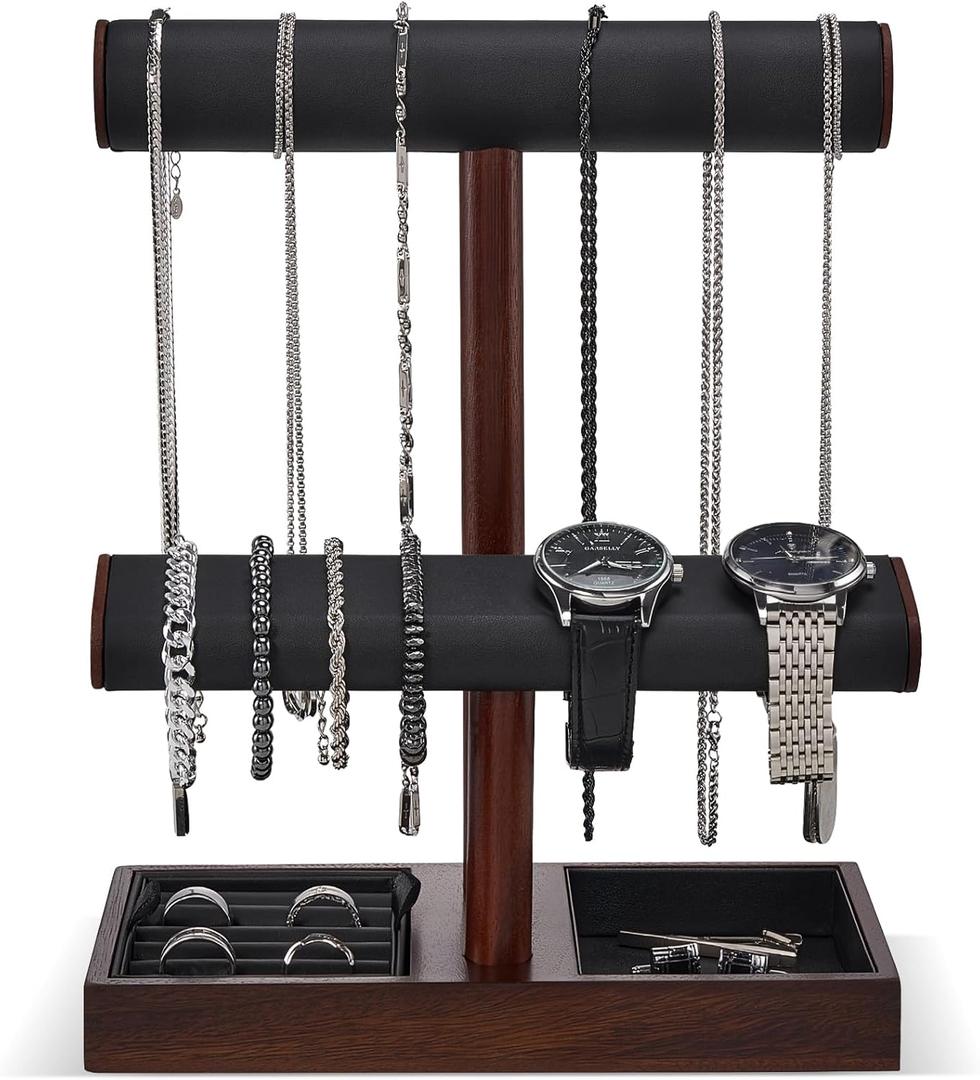 ProCase Watch Holder Stand for Men, Valentines Day Gift for Him Dad Father Boyfriend, Wood Jewelry Display Rack, Necklace Hanger Organizer for Chains Bracelets Rings -Brown