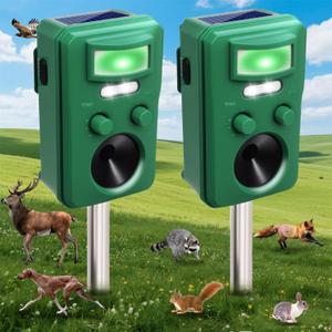 2 Pack 2025 Solar Ultrasonic Bird Repellent Devices Outdoor Deer Repellent Devices with Motion Detection,Waterproof Squirrel Racoon Rodent Skunk Dog Repellent with Flash Light for Yard Farm