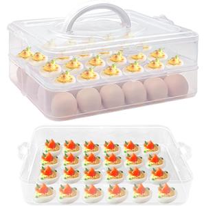 1-Layer Egg Holder for 24 Eggs,Plastic Egg Container with Handle,Deviled Egg Tray with Handle Lid,Devil Egg Holder for Refrigerator,Kitchen,Easter Day Party Containers, 12 x 8.5 x 4.2 inches